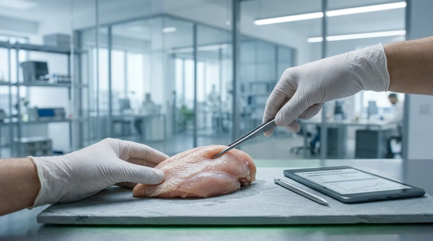 Scientifique examine &eacute;chantillon viande avec scalpel en laboratoire
