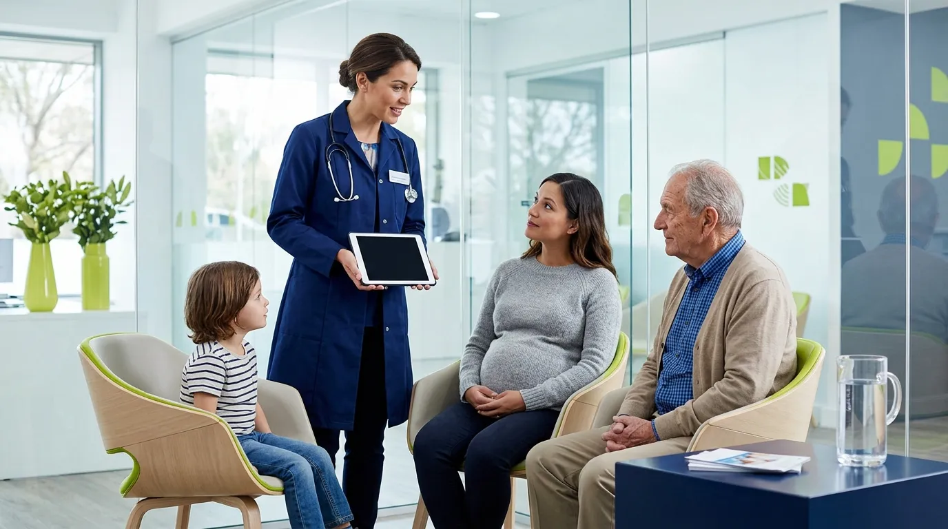 M&eacute;decin consulte une famille enceinte en clinique moderne
