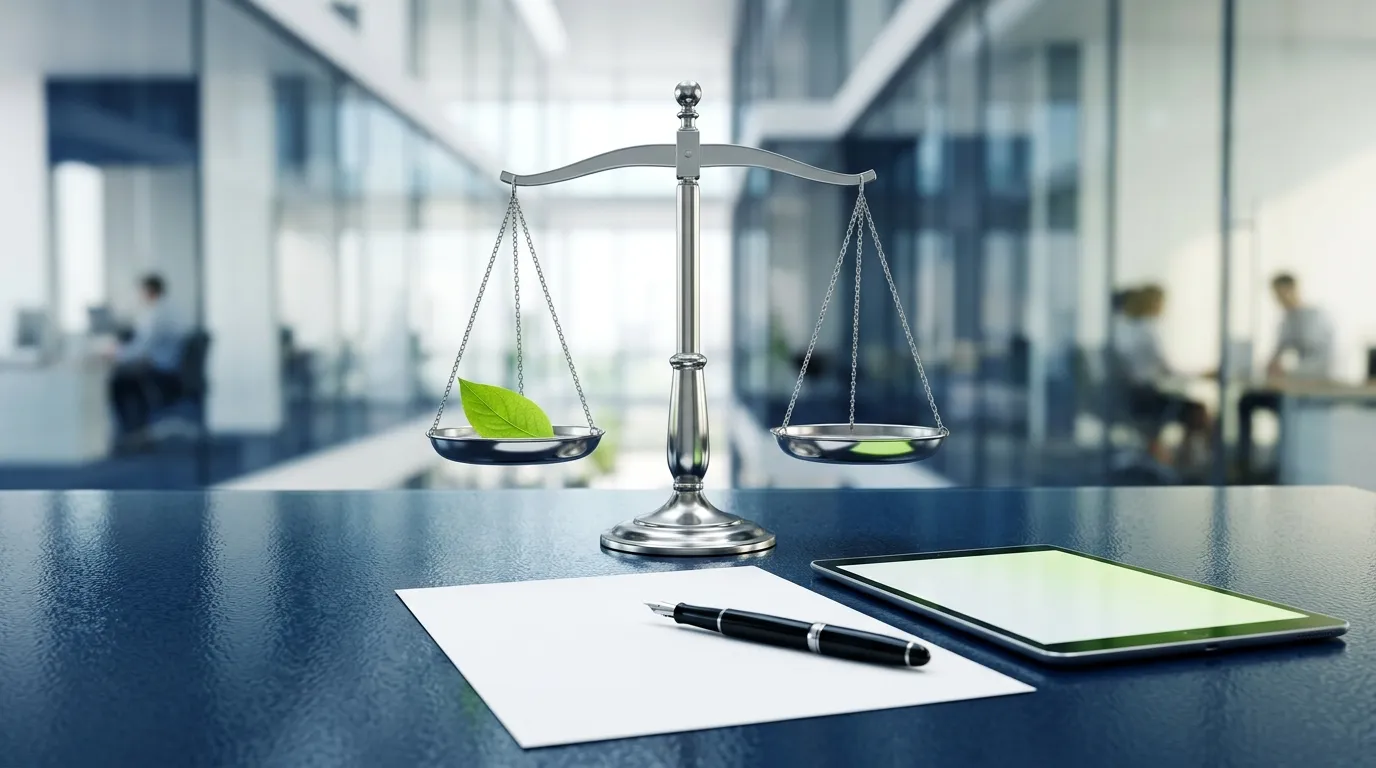 Balance de justice avec feuille verte sur bureau professionnel