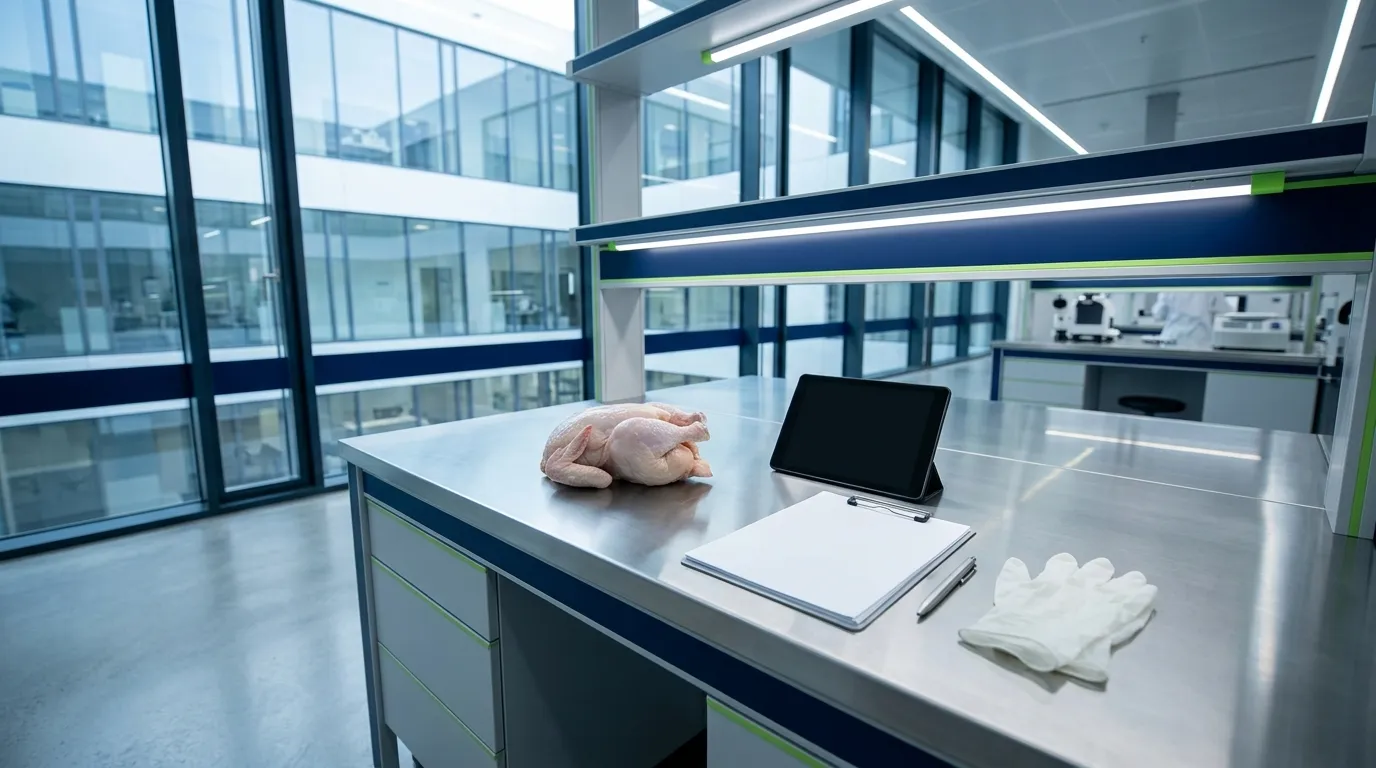 Plan de travail laboratoire avec tablette, documents et &eacute;quipements