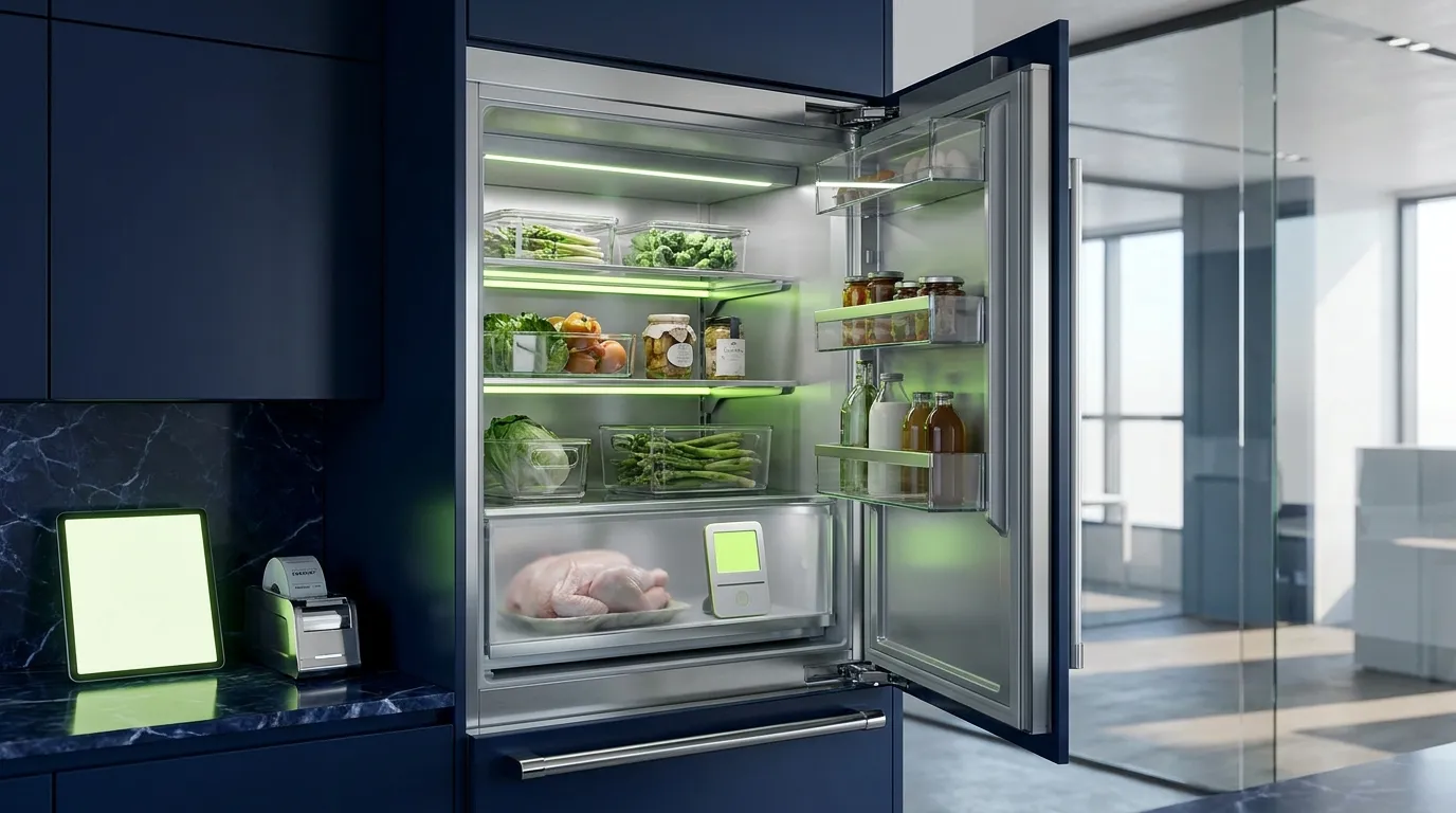 R&eacute;frig&eacute;rateur ouvert avec compartiments bien rang&eacute;s et aliments frais