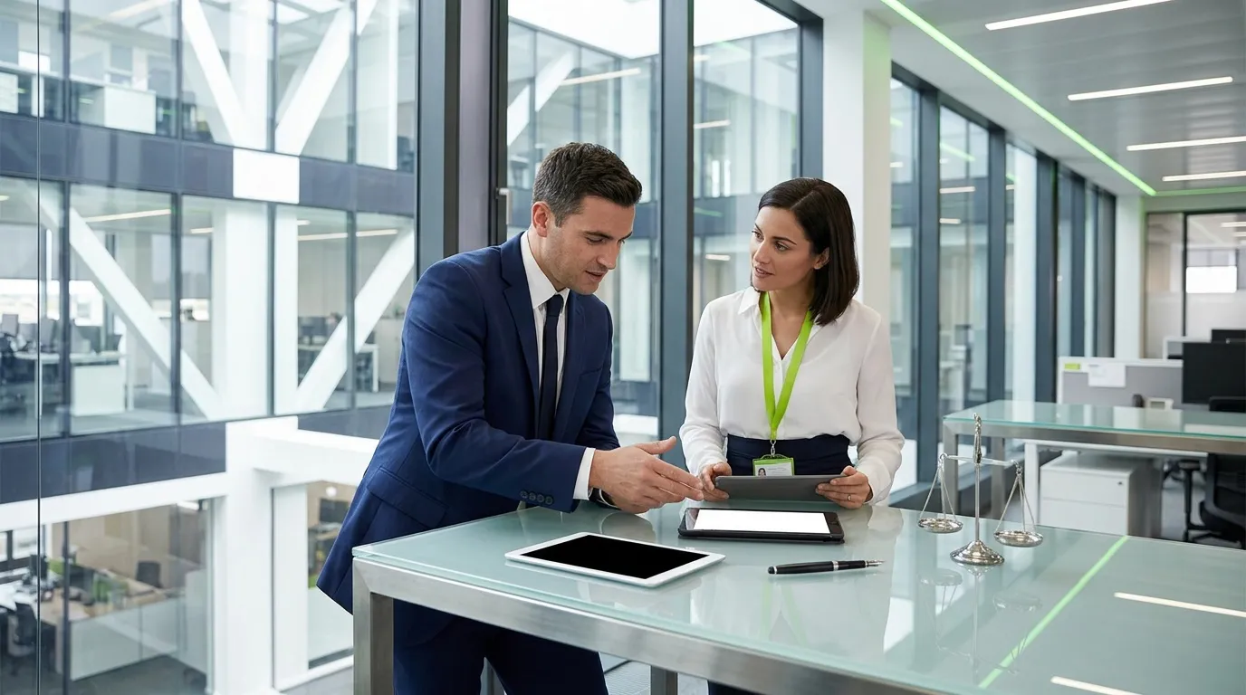 Deux professionnels consultent une tablette dans un bureau contemporain