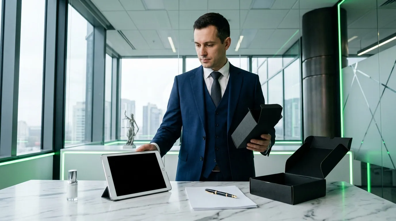 Homme en costume bleu travaillant avec tablette et ordinateur portable