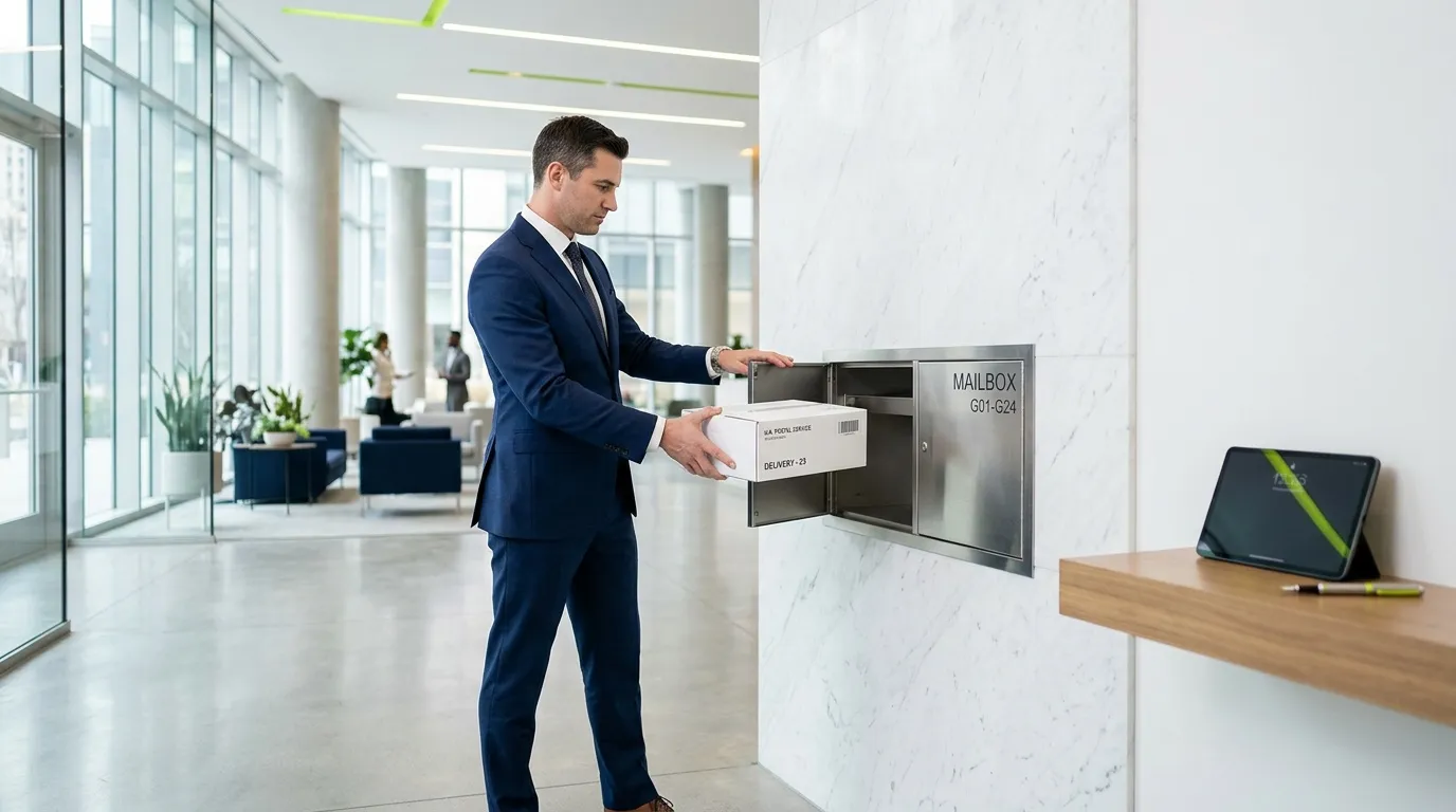 Professionnel en costume bleu dépose un colis dans une boîte postale