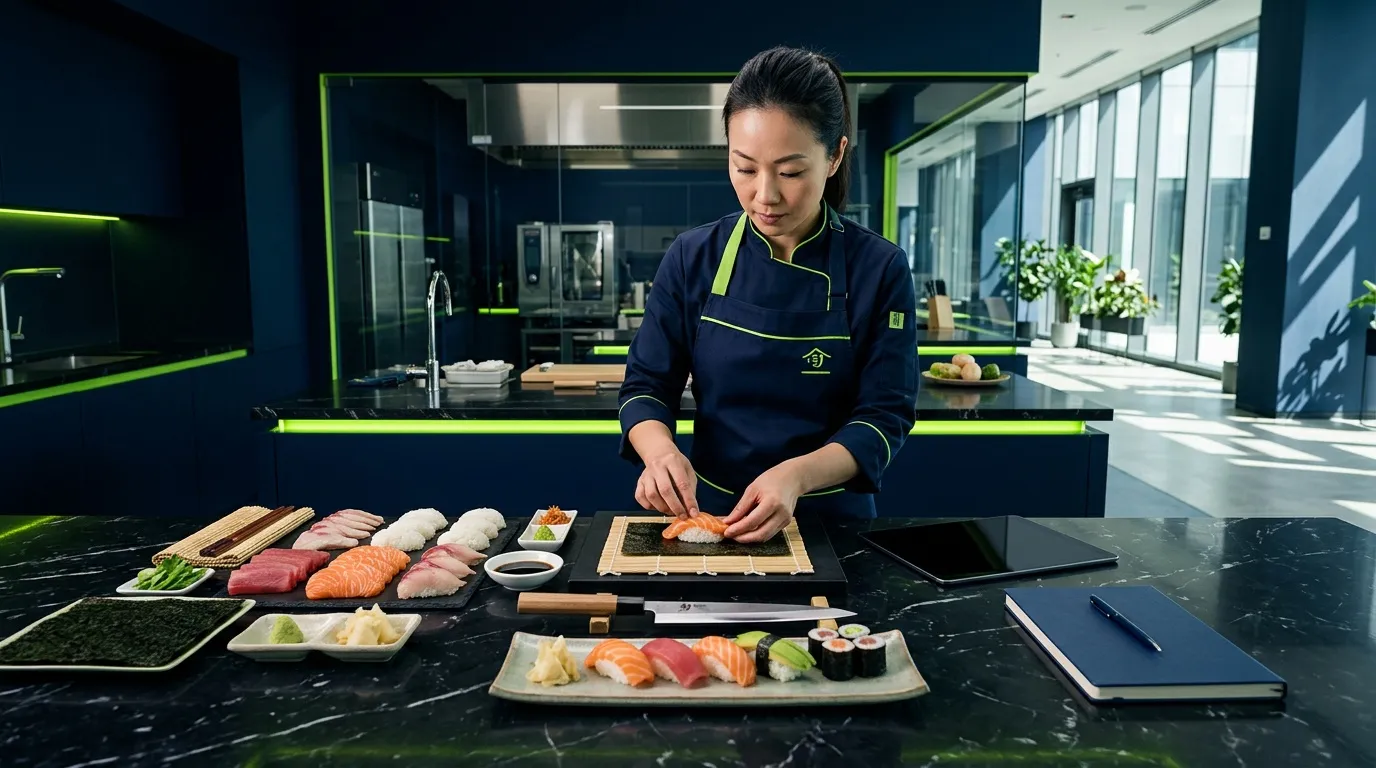 Chef en uniforme bleu pr&eacute;pare sushi dans cuisine moderne