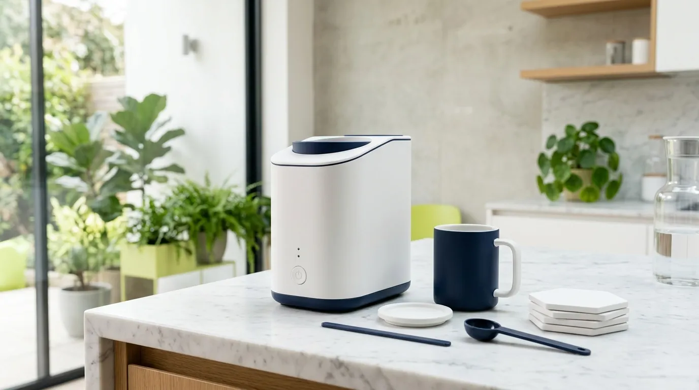 Appareil blanc et bleu sur comptoir de cuisine moderne avec plantes