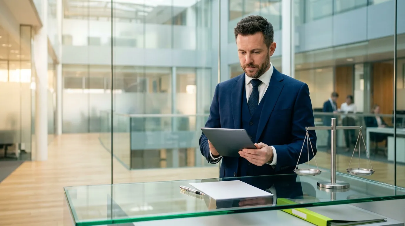 Homme en costume bleu consulte une tablette pr&egrave;s d'une balance