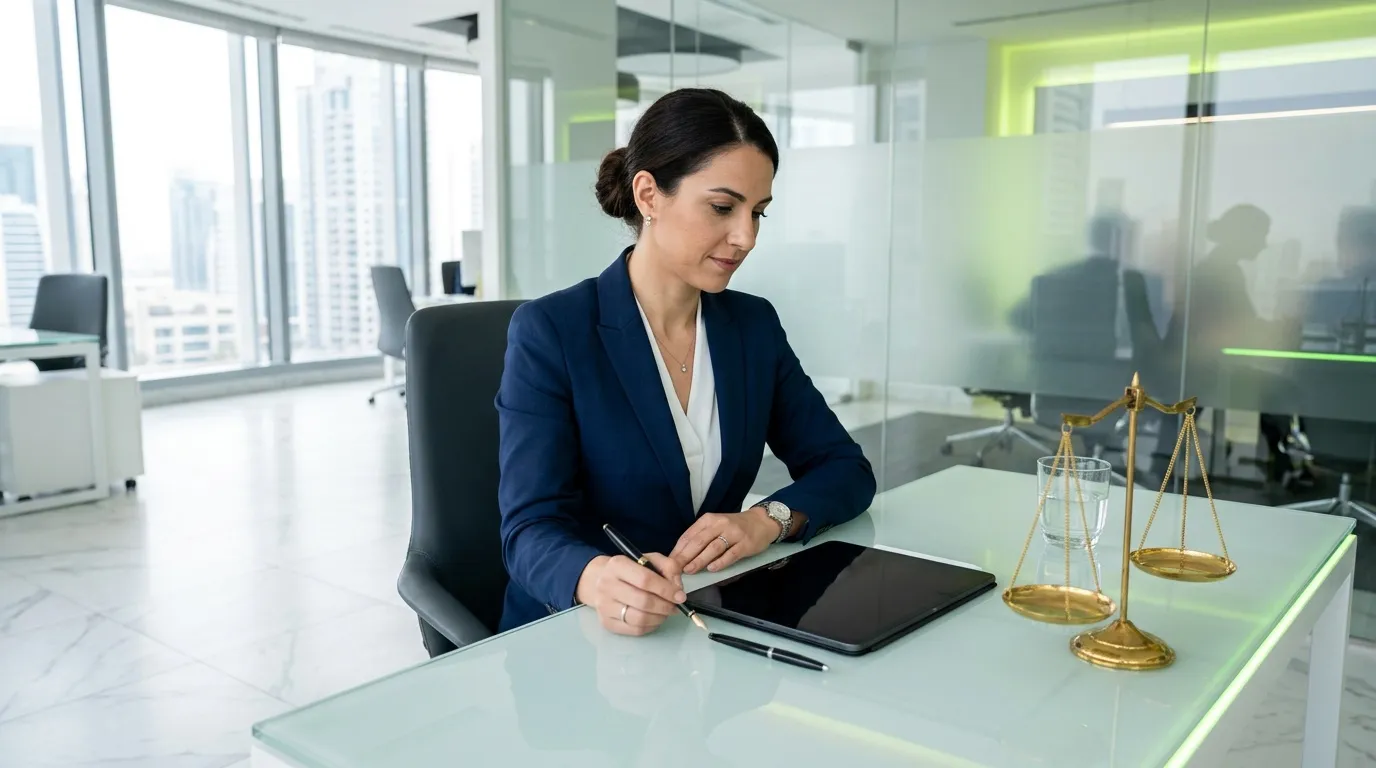 Femme avocate écrivant à son bureau avec balance de justice