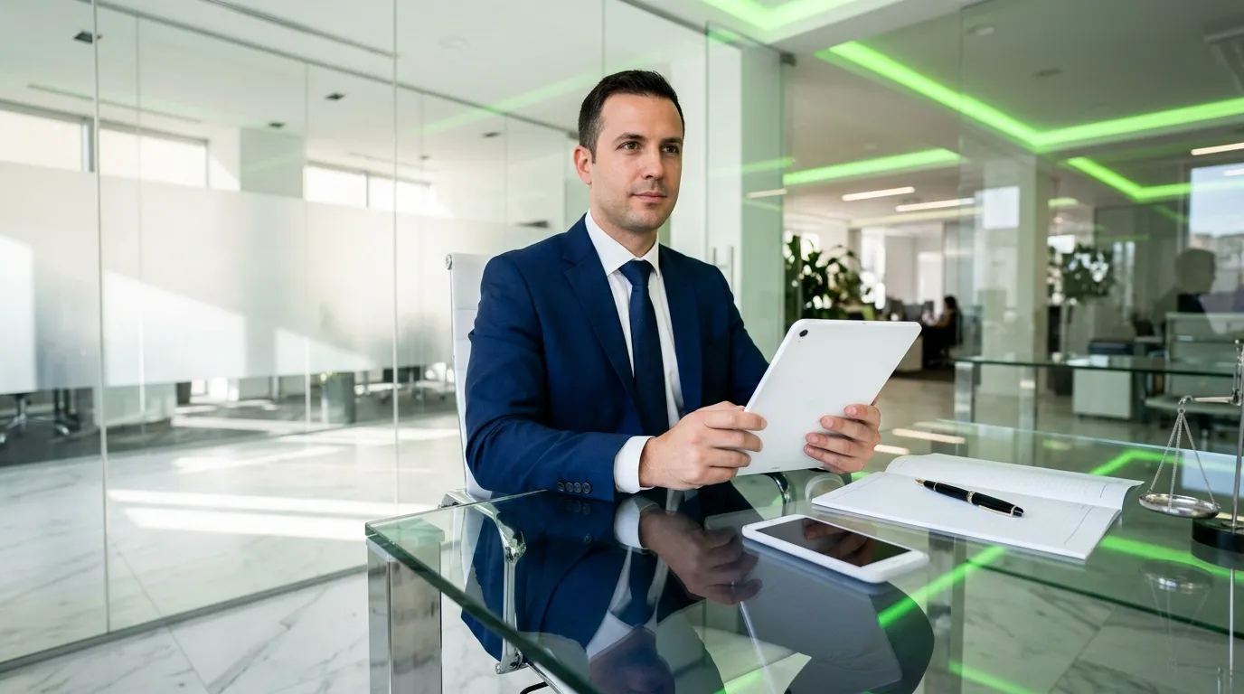 Homme d'affaires en costume bleu tenant une tablette dans un bureau moderne et lumineux