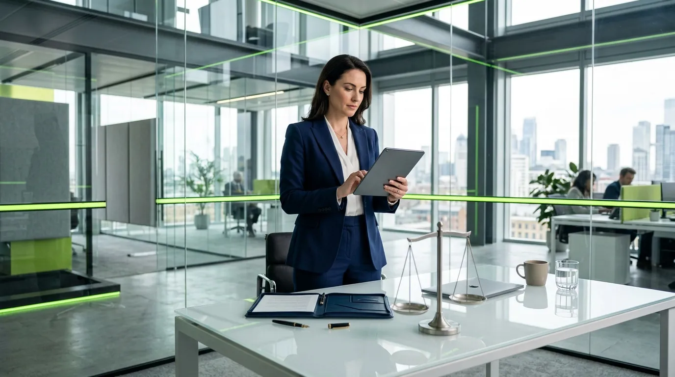 Femme en costume consultant tablette dans bureau vitré