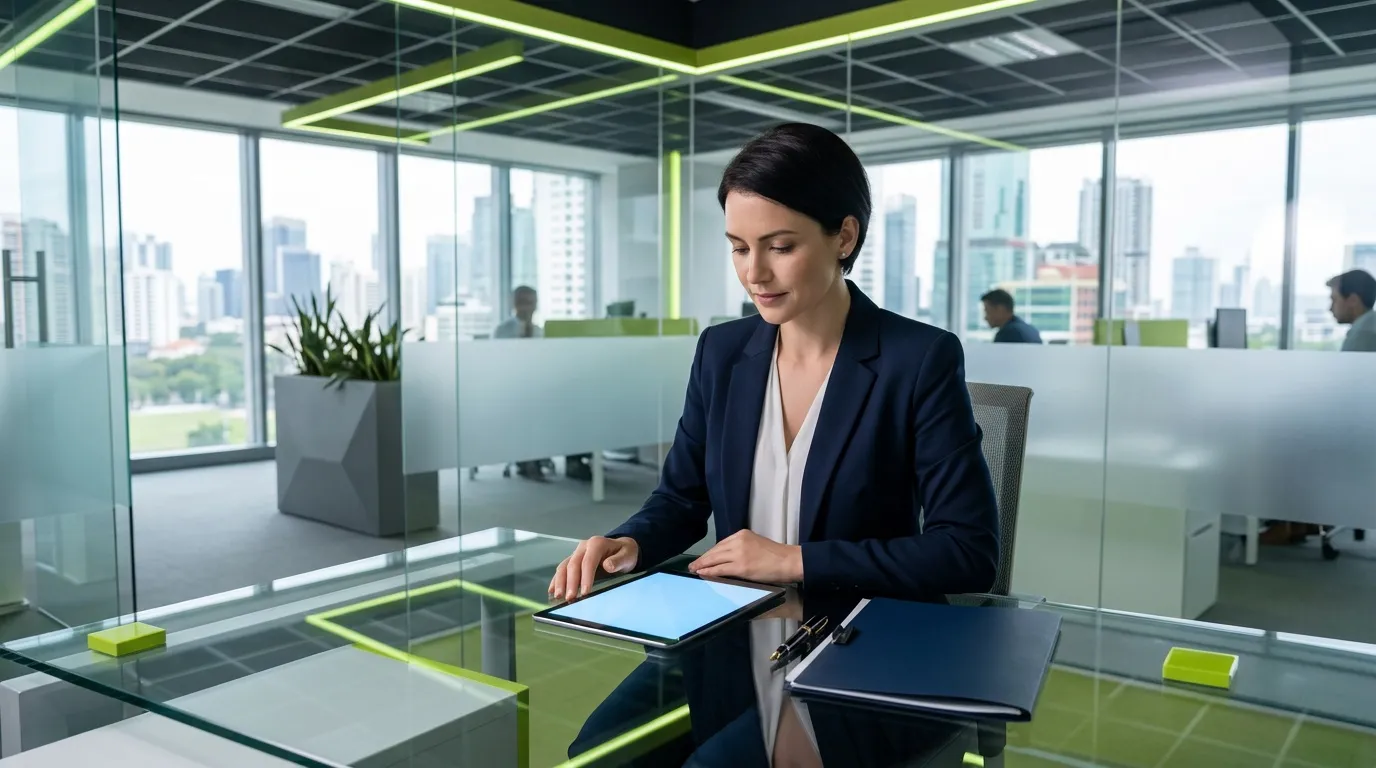 Professionnelle utilisant une tablette dans un bureau contemporain avec vue urbaine