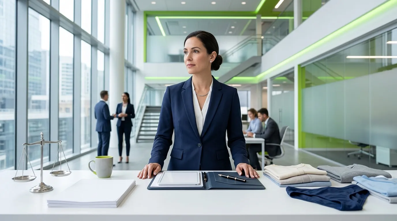 Femme avocate en costume bleu dans bureau contemporain