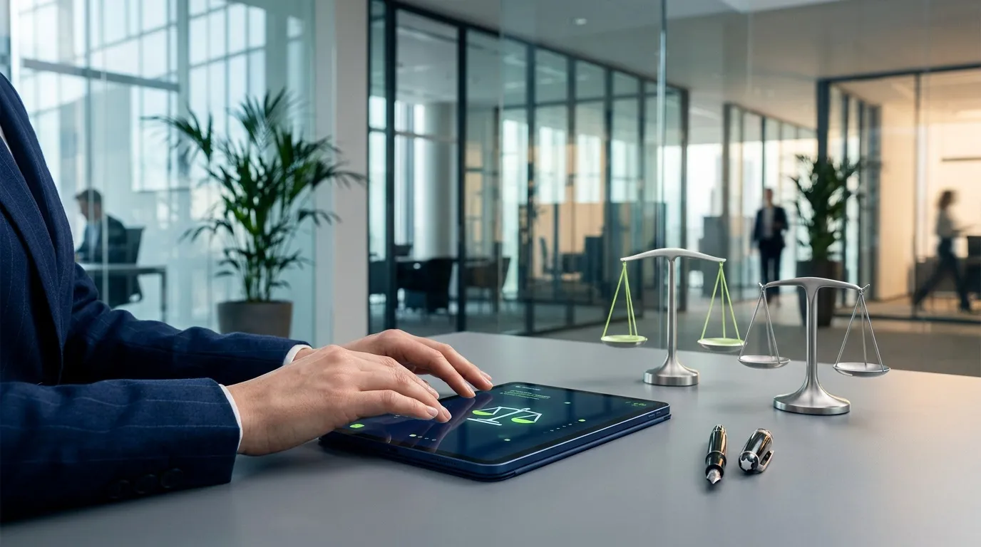 Avocat utilisant tablette avec symboles balance justice