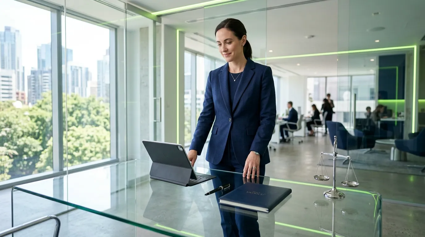 Femme en costume bleu avec tablette dans bureau haut &eacute;tage