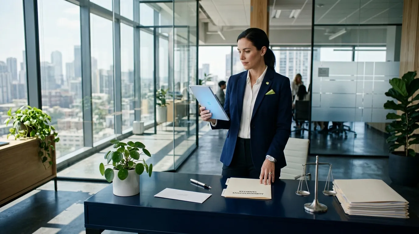 Femme avocate travaillant sur tablette dans bureau haut étage