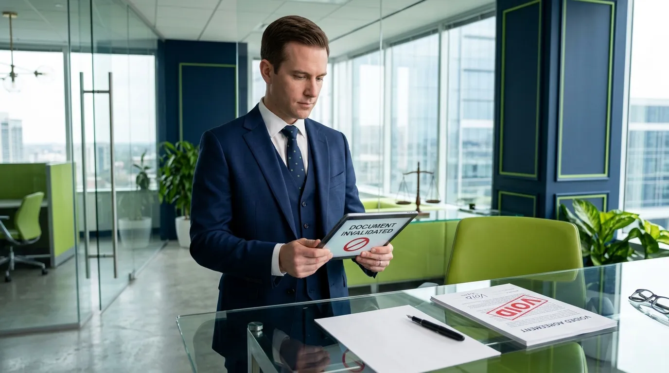 Professionnel en costume tenant document marqué invalidé