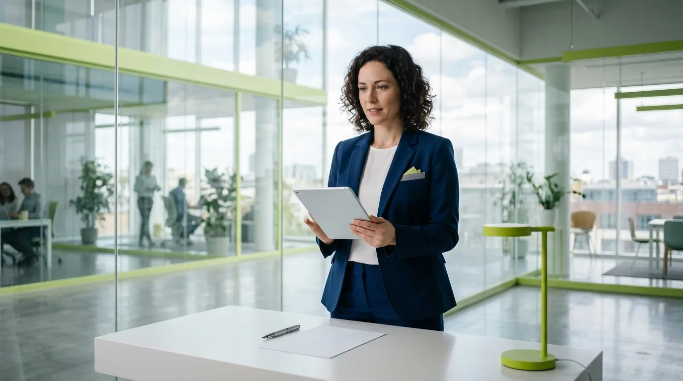 Professionnelle avec tablette dans un open space contemporain