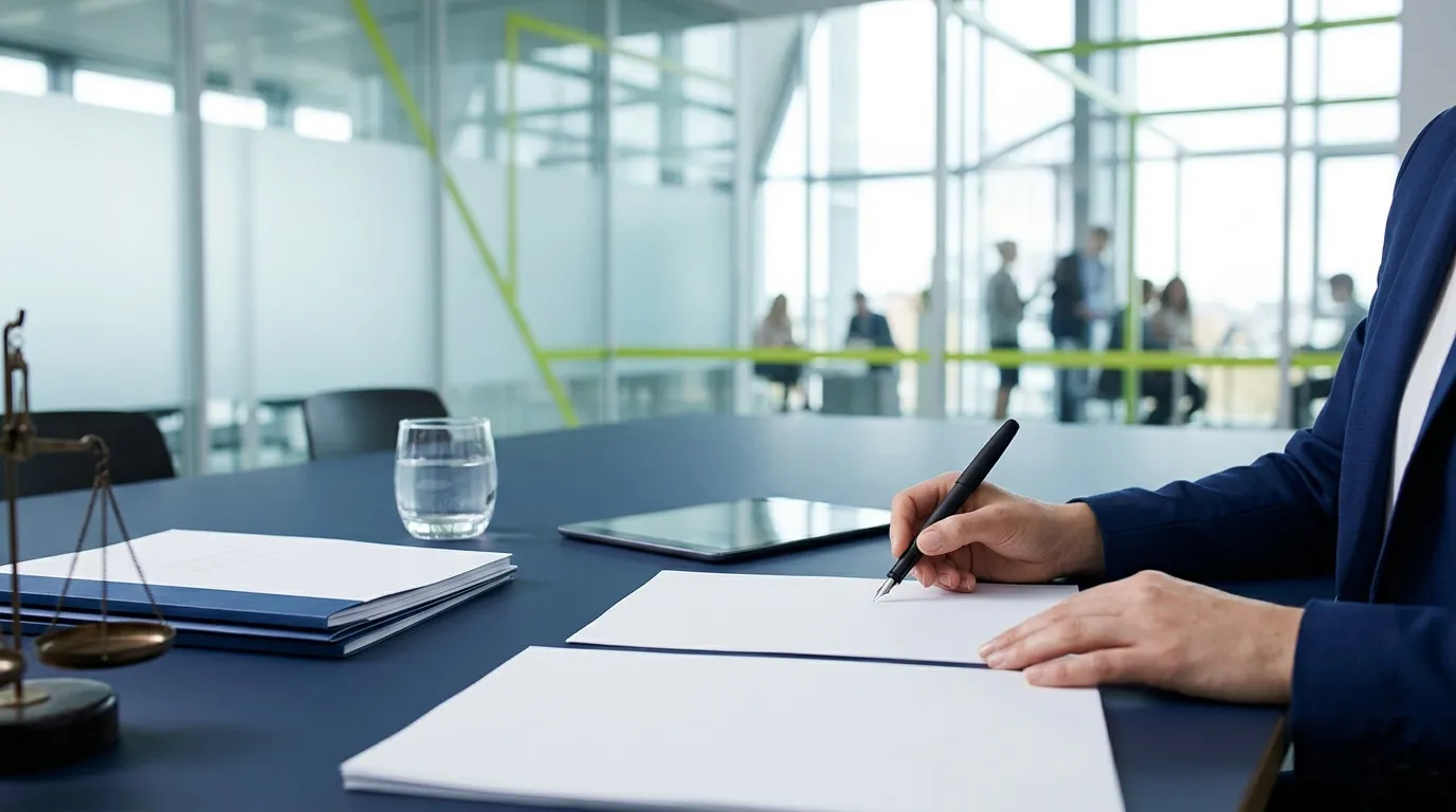 Avocat signant un document dans un bureau moderne