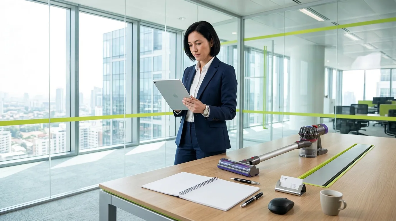 Professionnelle en costume bleu consulte une tablette au bureau