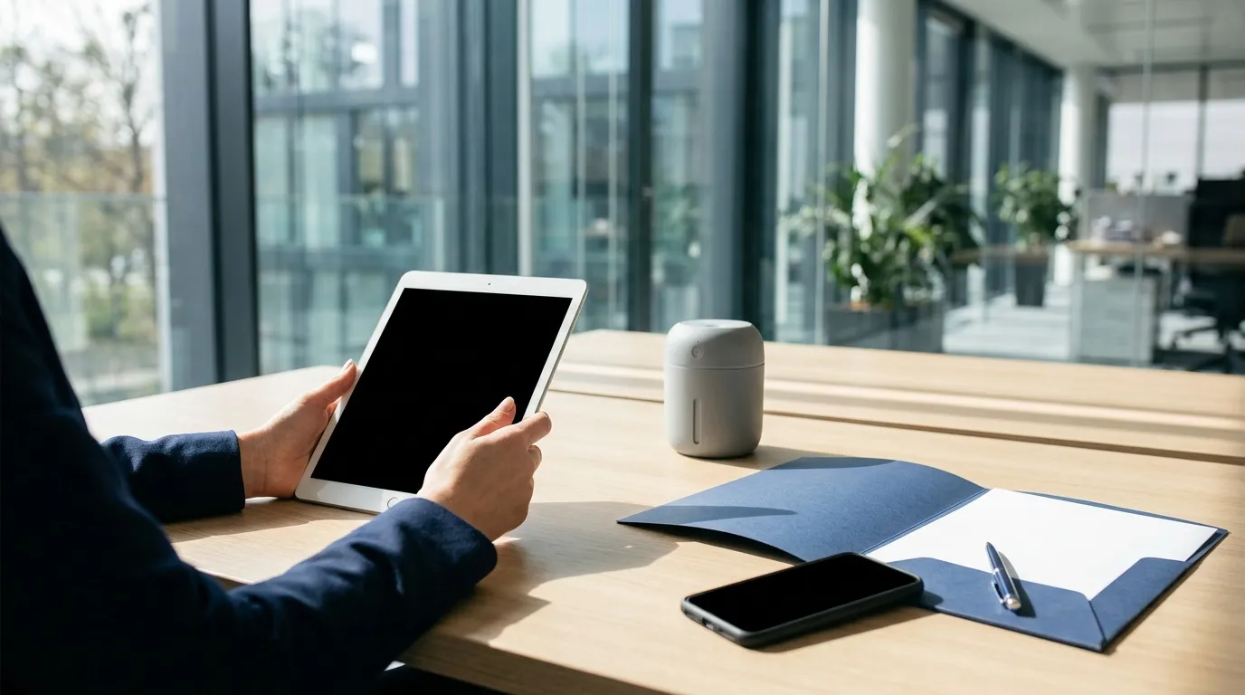 Personne utilisant une tablette &agrave; un bureau contemporain