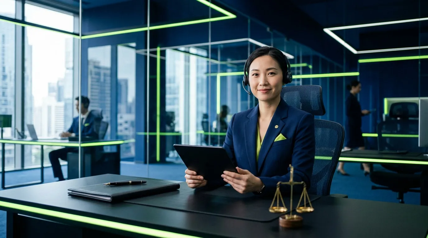 Femme avocate avec casque, tablette, bureau futuriste