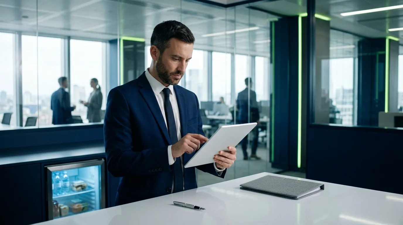Homme d'affaires en costume consultant tablette dans bureau moderne