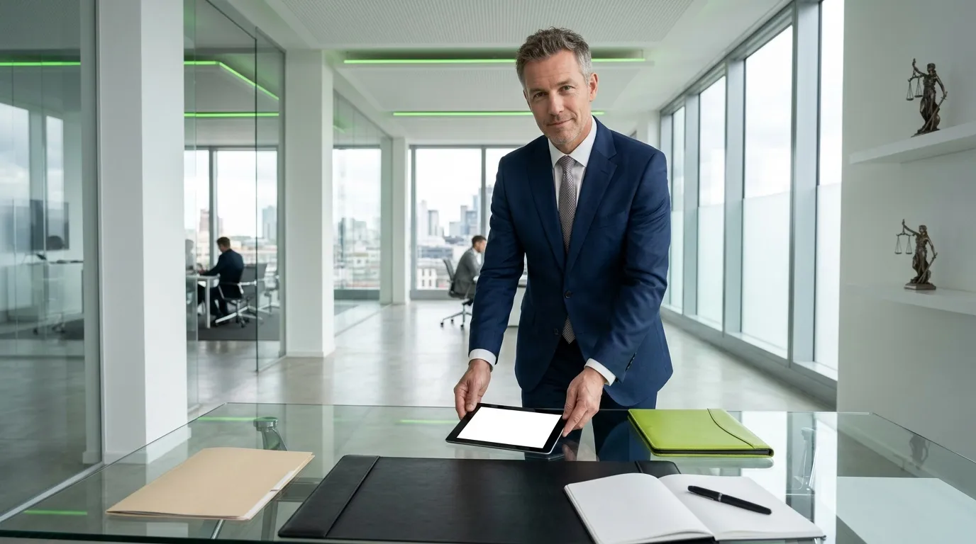 Homme en costume bleu dans un bureau avec vue sur la ville