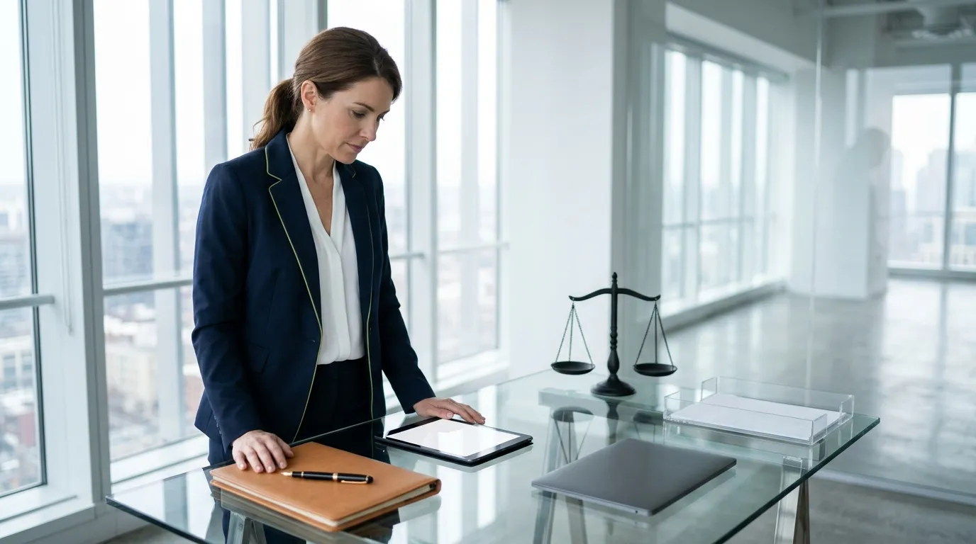 Femme avocate travaillant &agrave; son bureau avec balance de justice