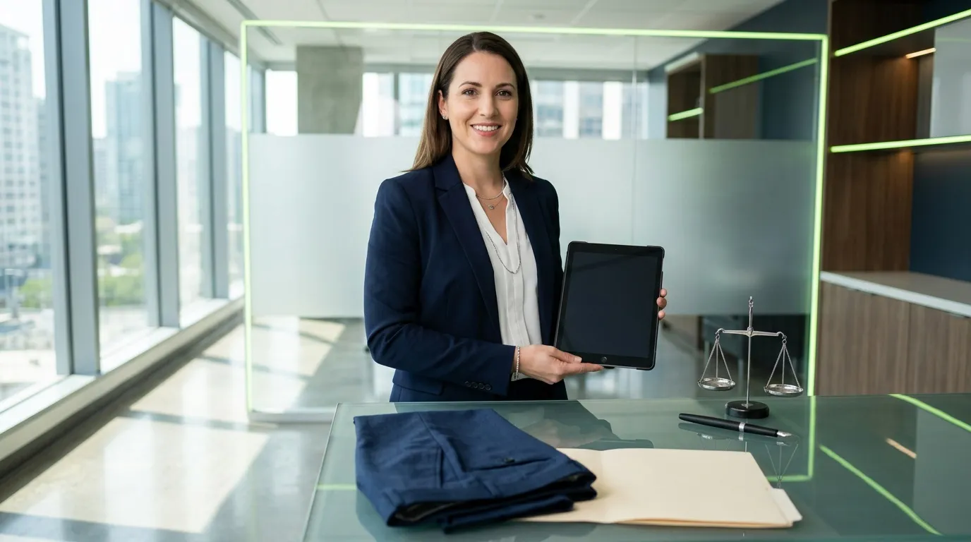 Femme avocat en costume bleu tenant une tablette dans son bureau moderne