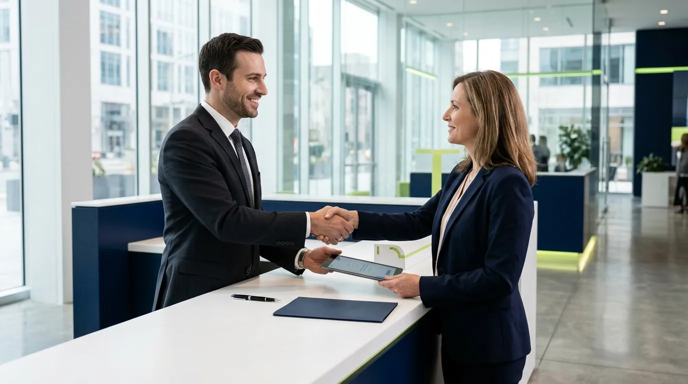Deux professionnels se serrent la main dans un open space lumineux