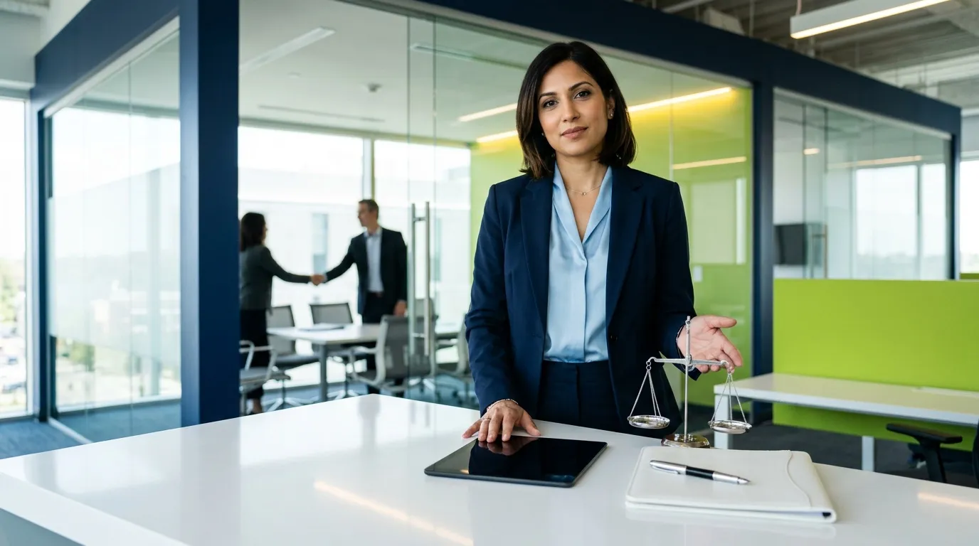 Femme avocate avec balance de justice au bureau