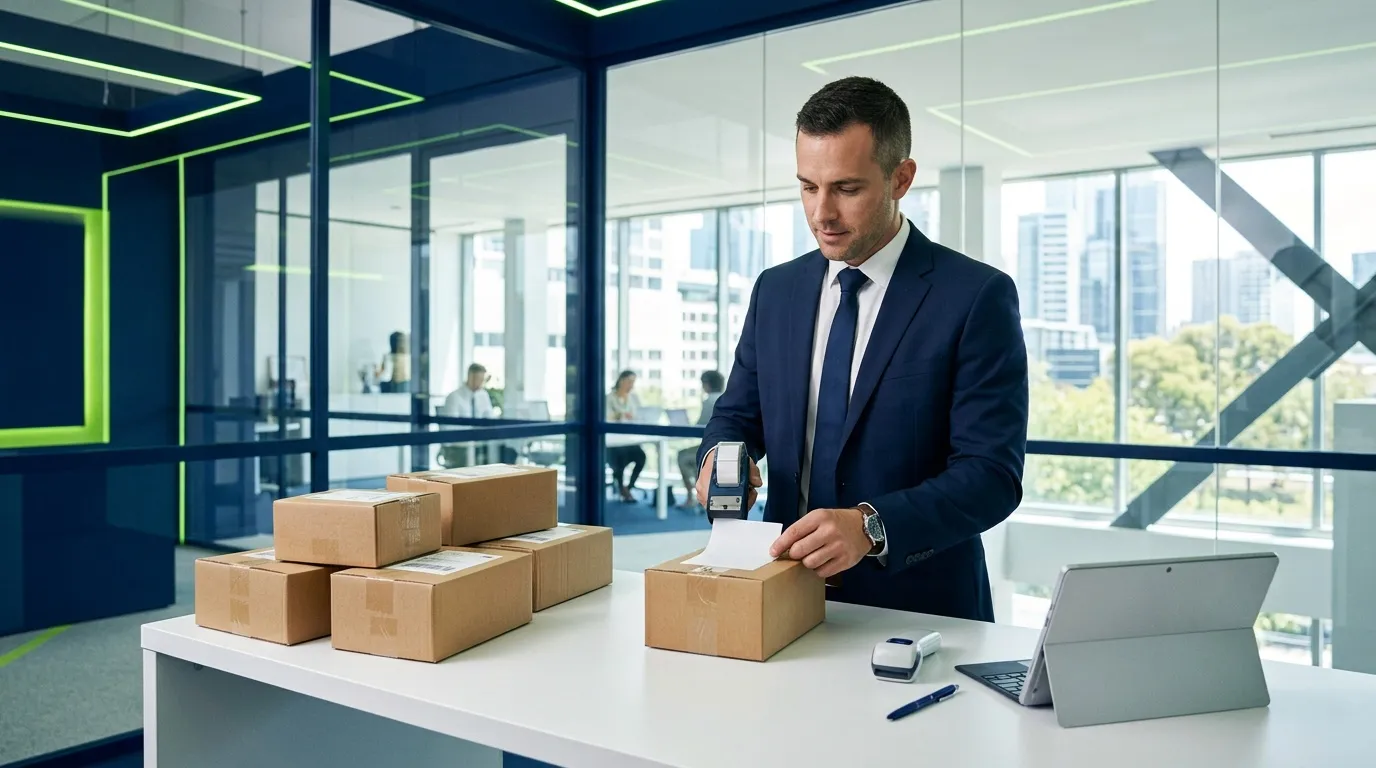 Homme d'affaires triant des colis dans un bureau contemporain