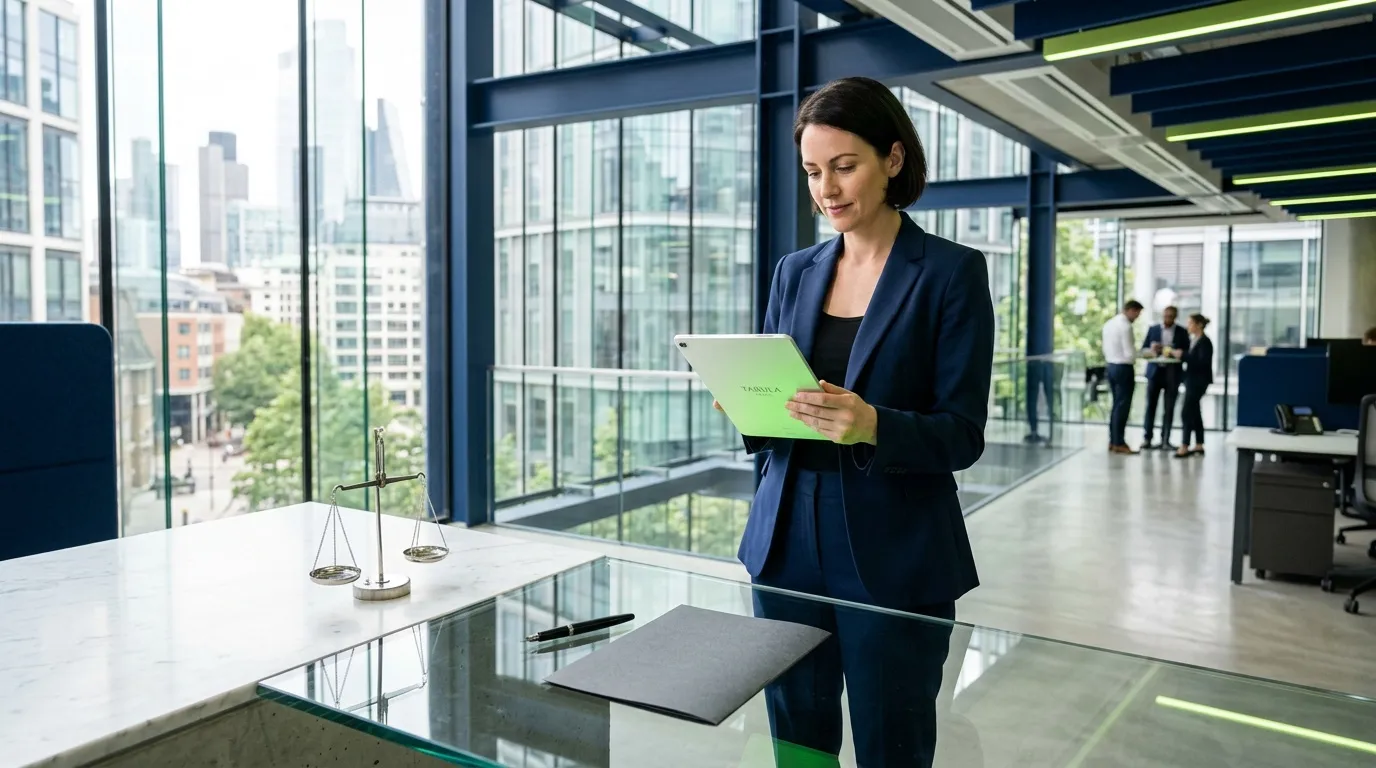 Femme d'affaires examine tablette dans bureau haut standing