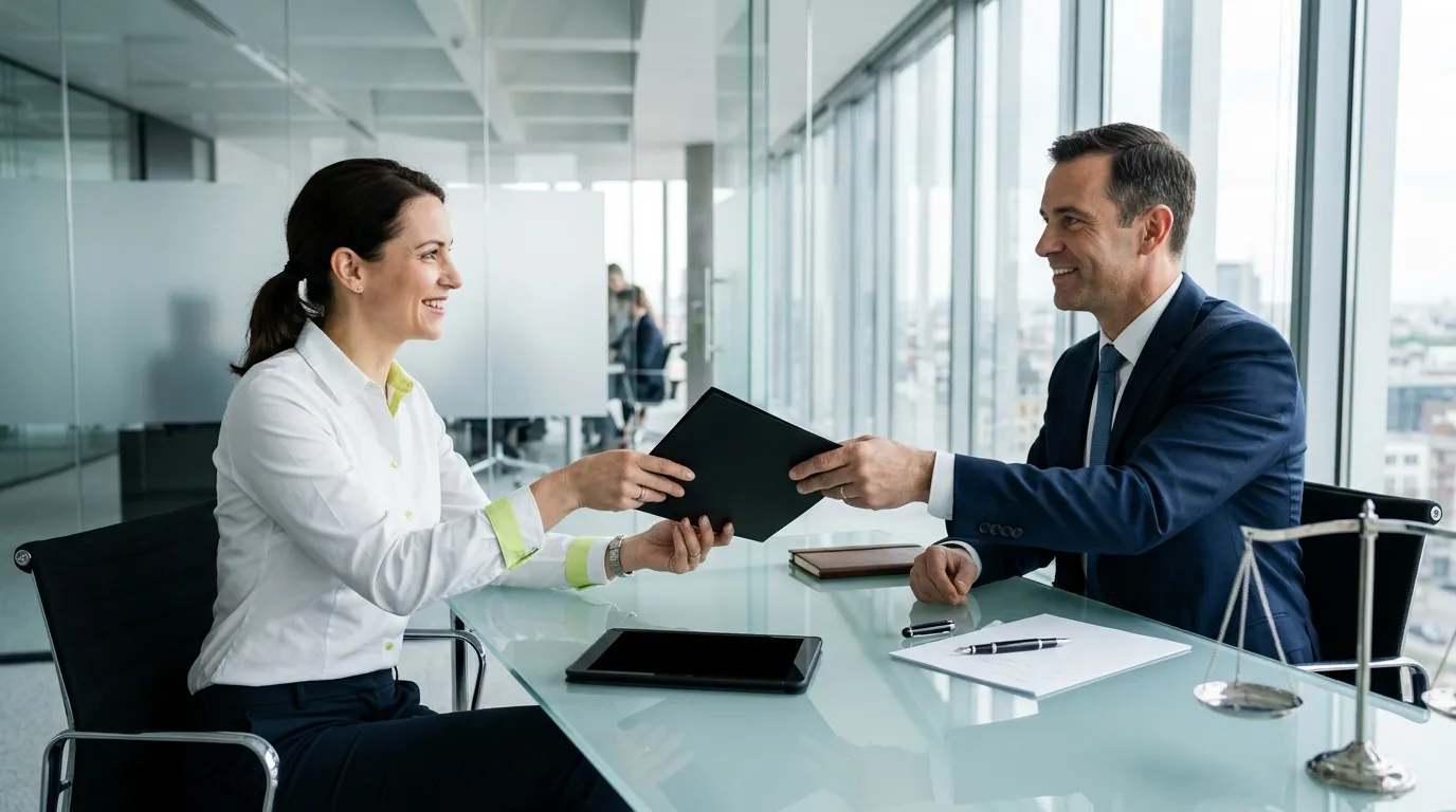 Deux professionnels échangent un document dans un bureau avec vue panoramique