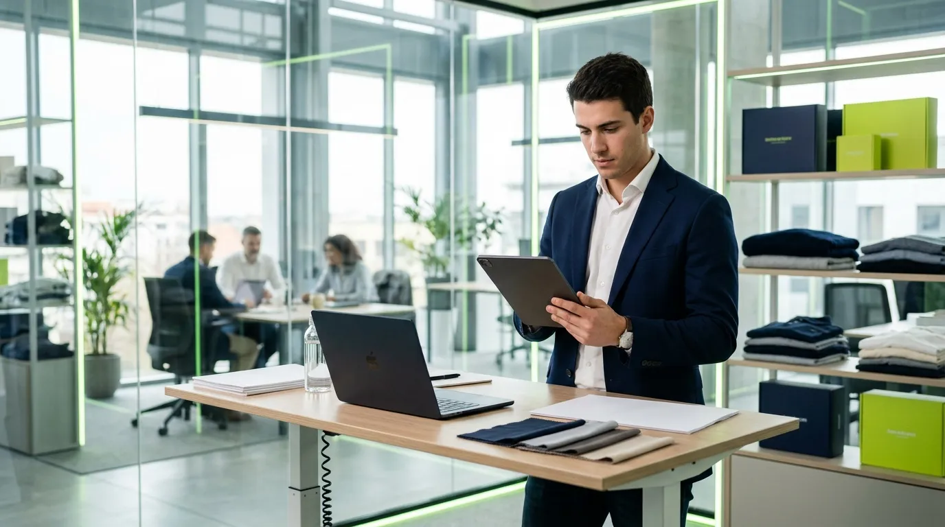 Homme d'affaires consulte une tablette dans un bureau contemporain.