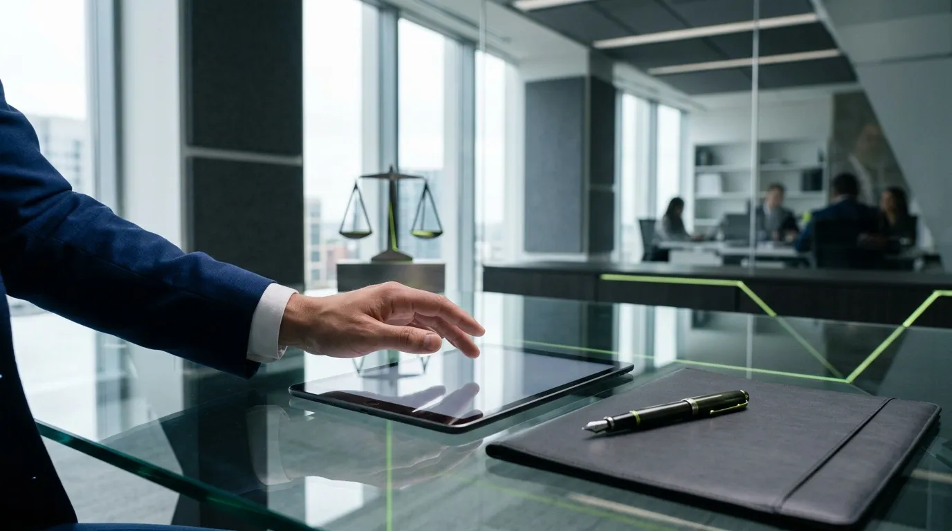 Avocat en bureau avec balance de justice et tablette