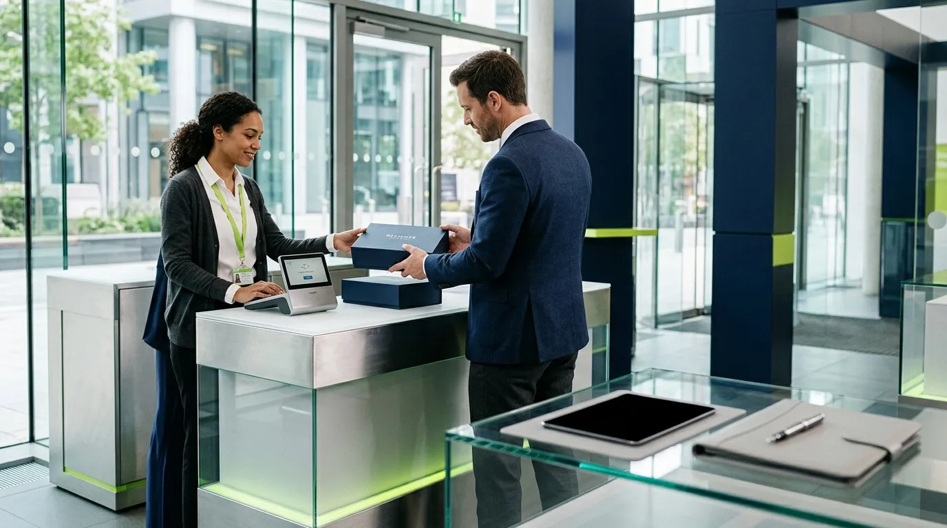 Réceptionniste accueillant un client avec un paquet au comptoir.