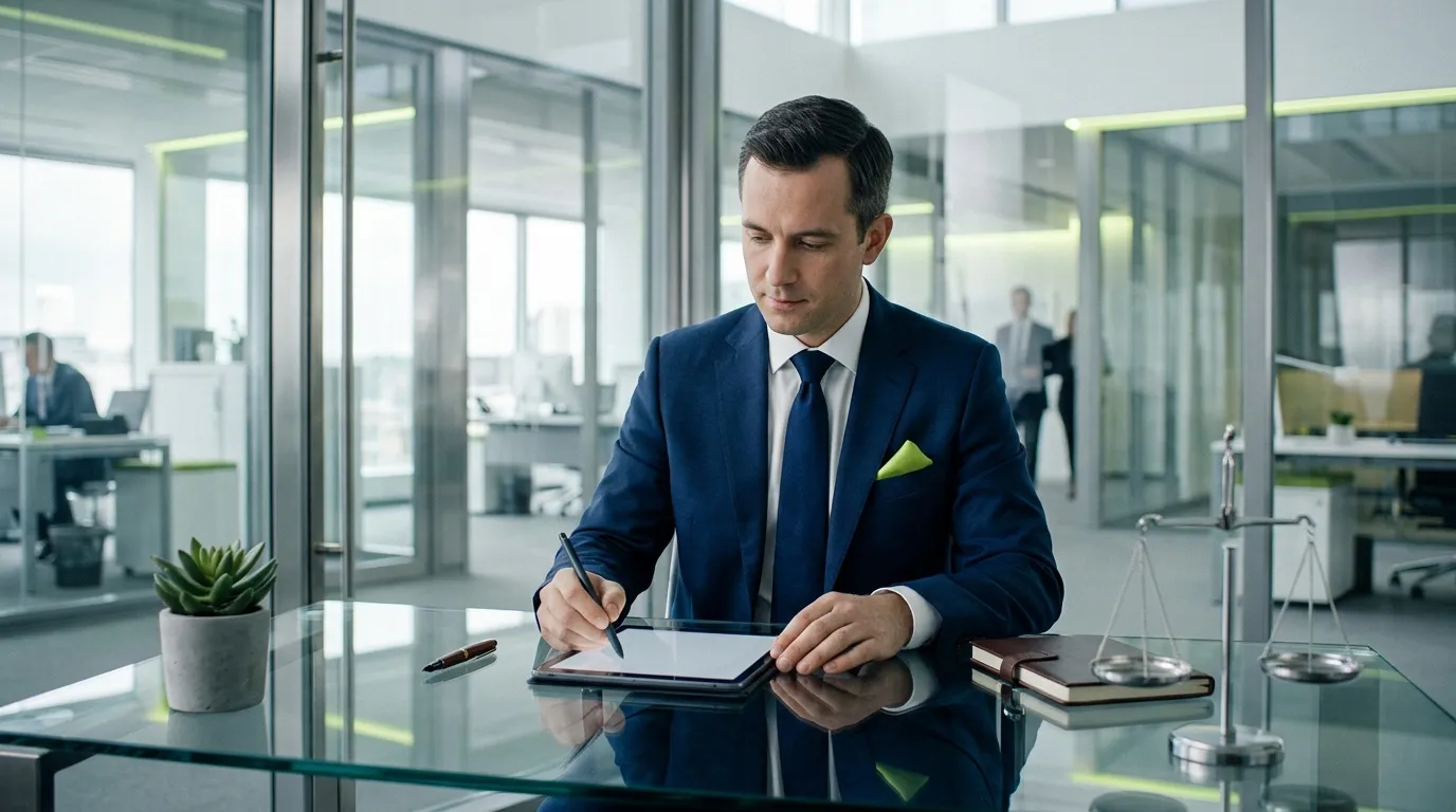 Homme en costume bleu signant un document dans un bureau moderne