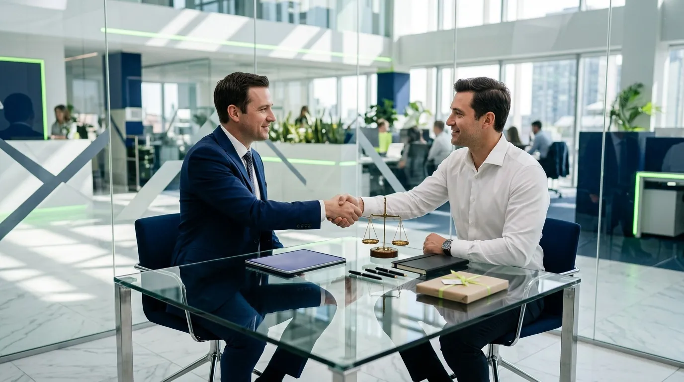 Deux hommes d'affaires se serrent la main dans un bureau moderne.