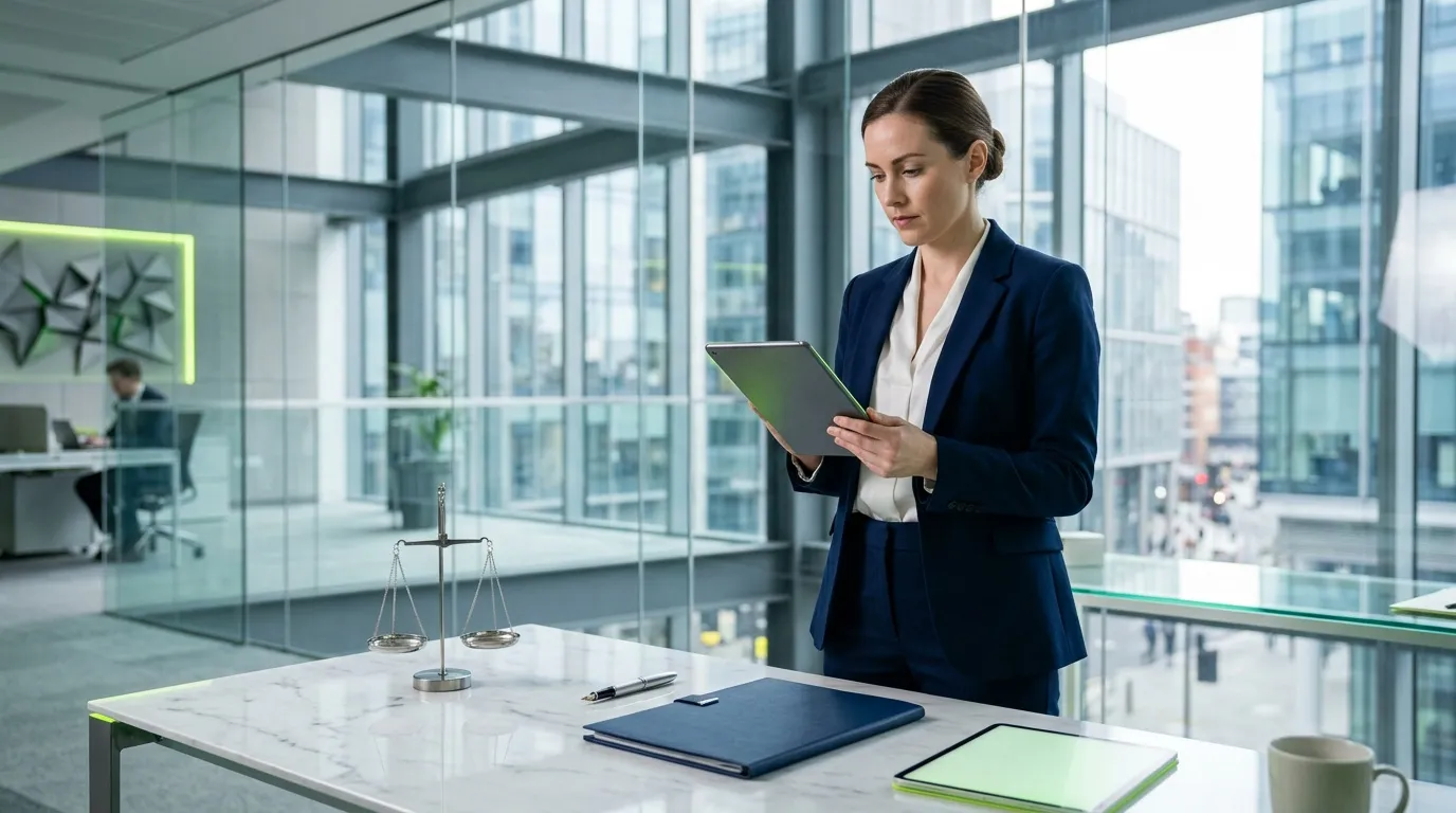 Femme avocat en costume bleu consultant tablette num&eacute;rique