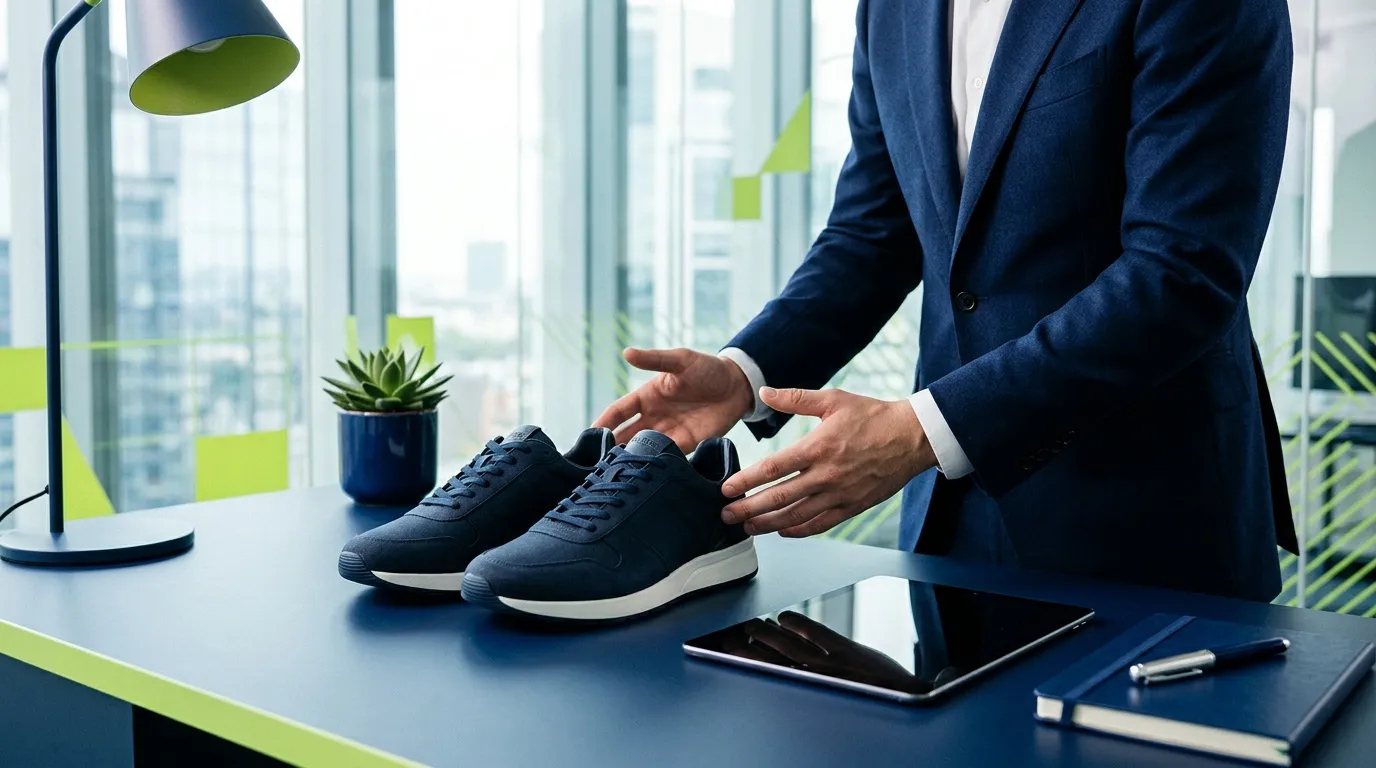 Homme en costume pr&eacute;sentant des baskets bleues au bureau