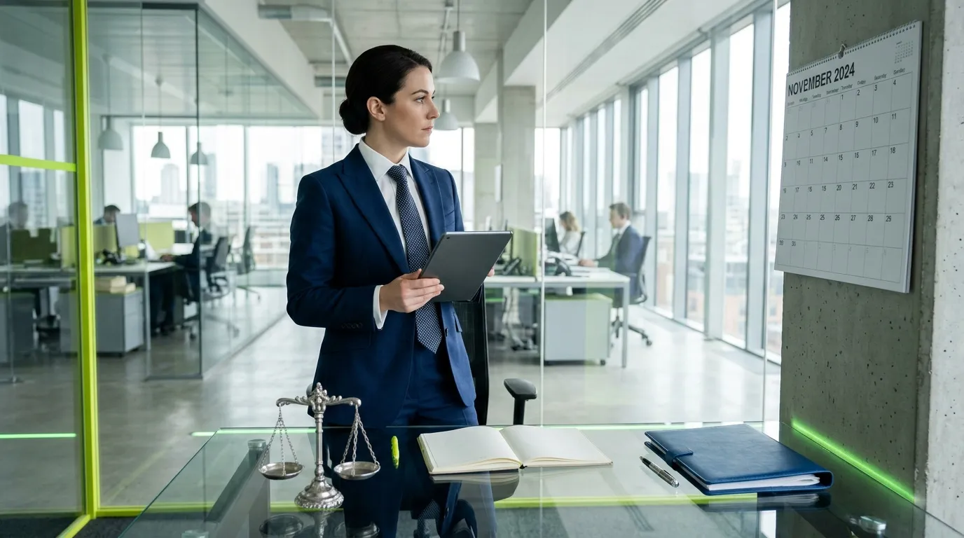Femme avocat en costume bleu tenant tablette devant balance justice
