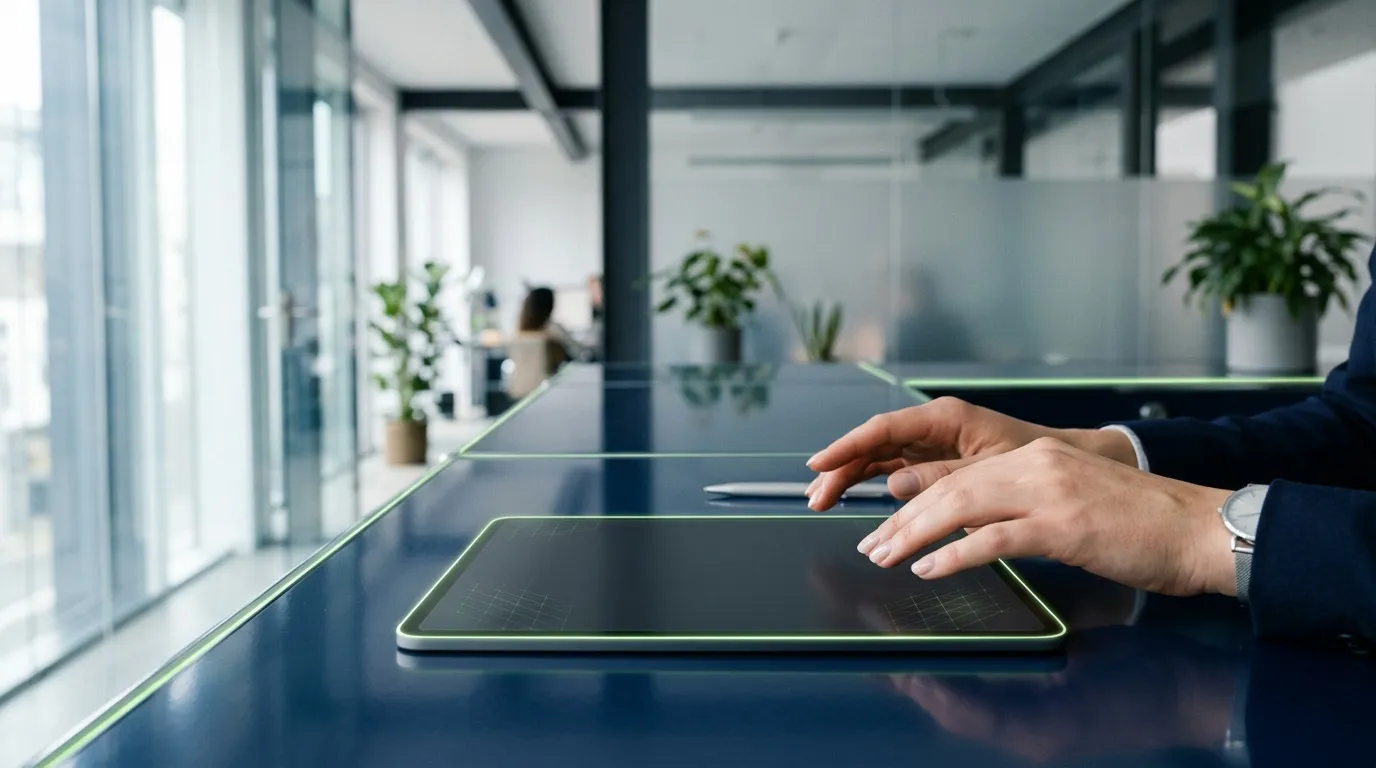 Homme en costume manipulant une tablette tactile au bureau