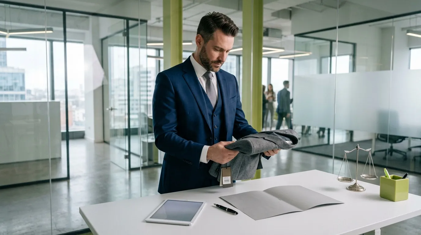 Homme d'affaires en costume bleu consultant des dossiers à son bureau