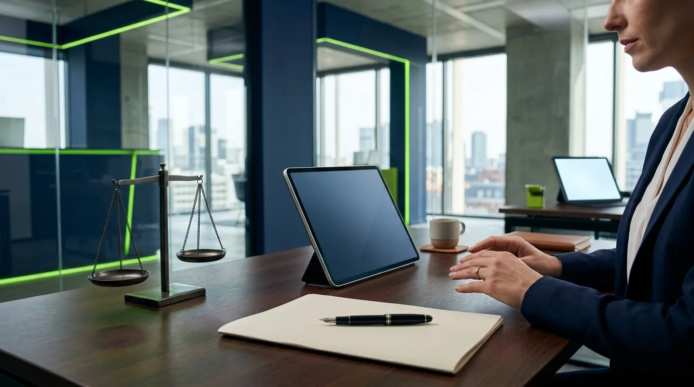 Femme avocat travaille à son bureau avec balance de justice