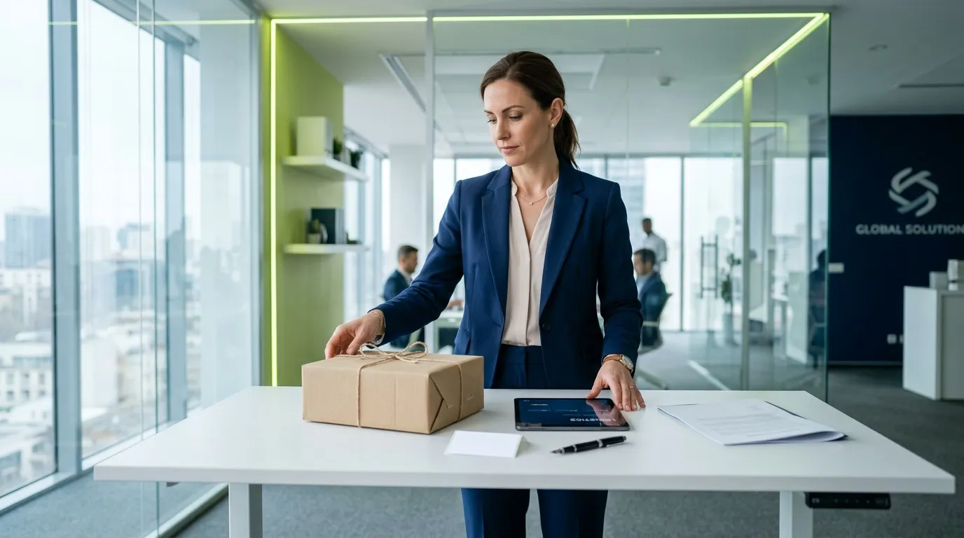 Femme en blazer bleu pr&eacute;parant un colis dans un bureau moderne