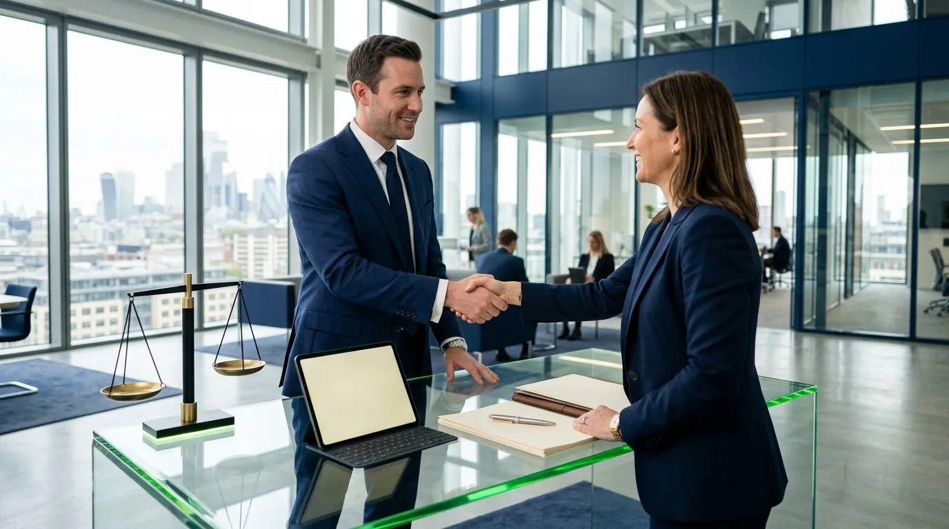 Deux avocats se serrent la main dans un bureau moderne