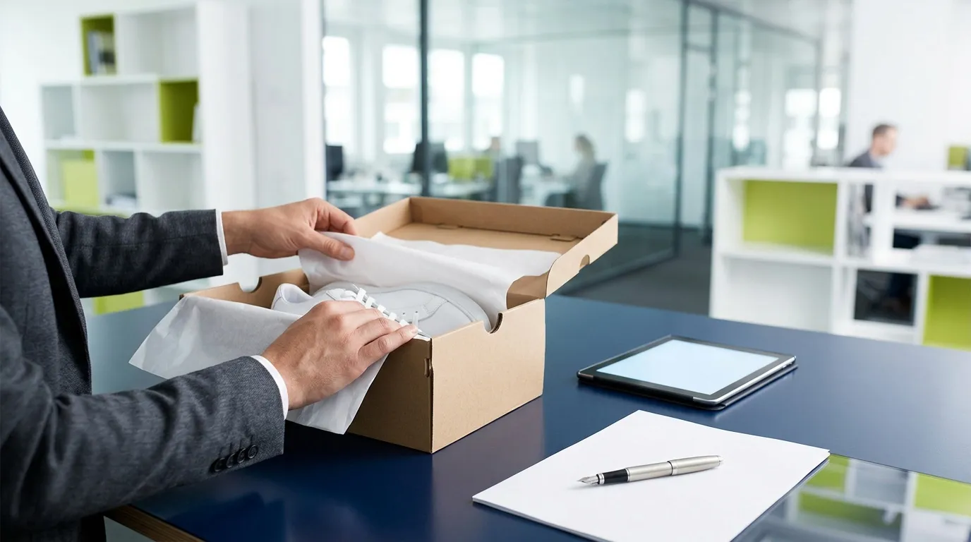 Homme en costume ouvrant une bo&icirc;te de chaussures blanches au bureau