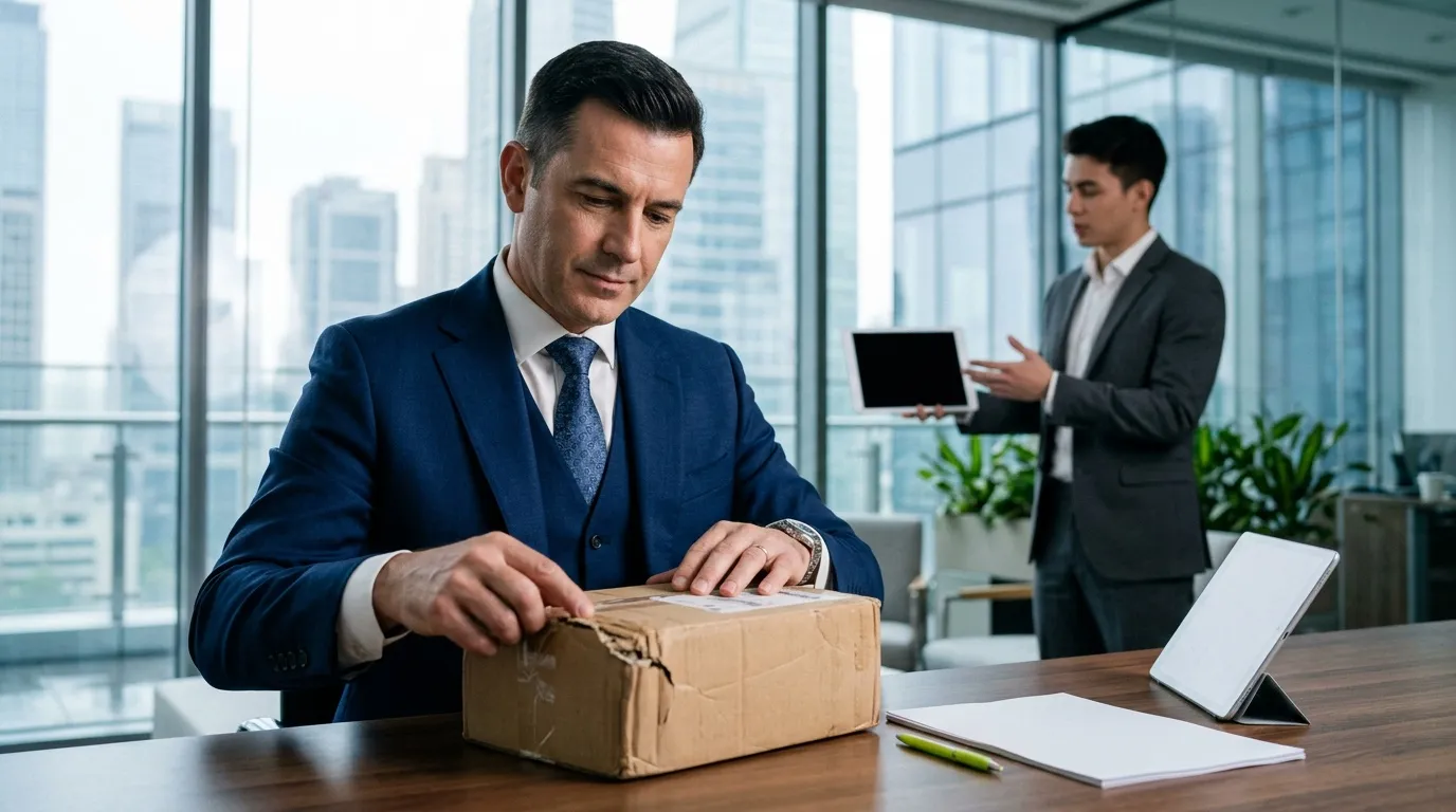 Homme d'affaires examinant un colis dans un bureau moderne