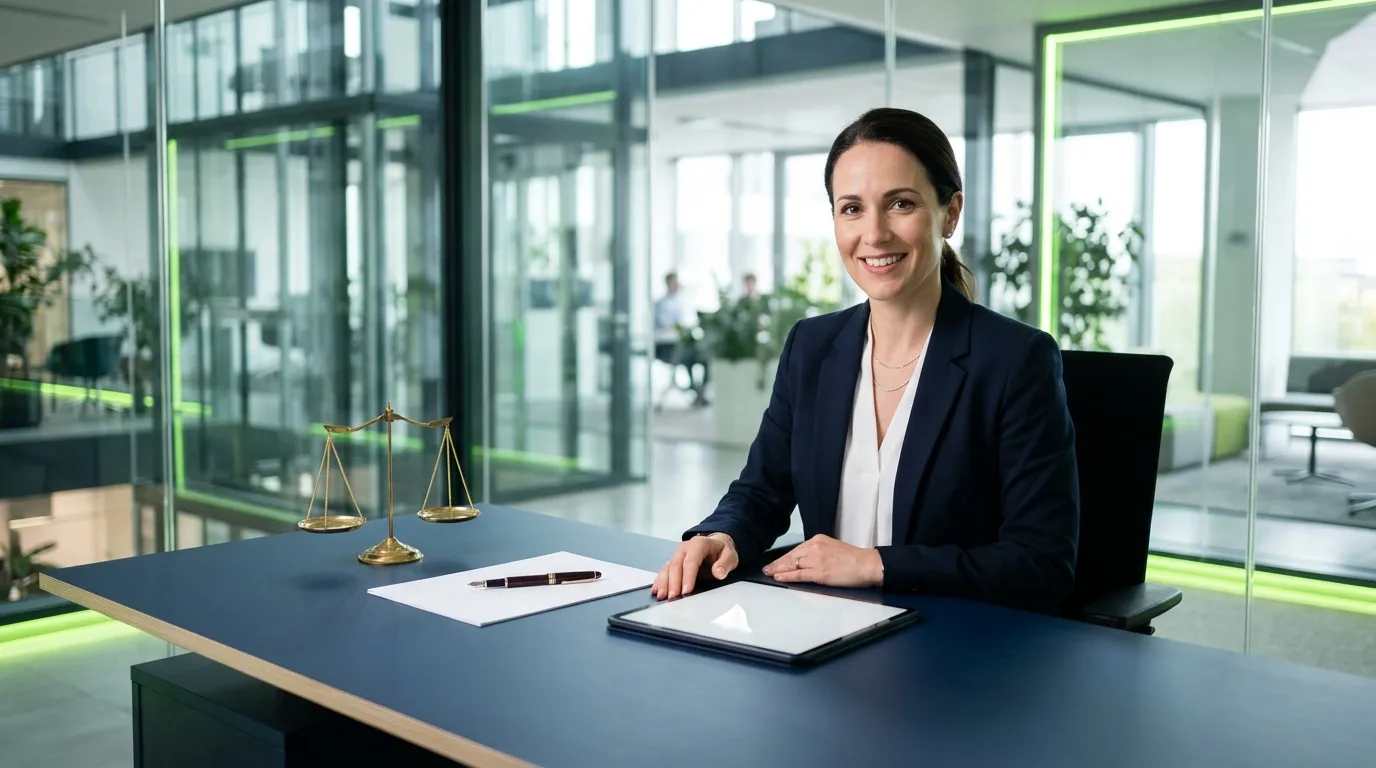 Femme avocate souriante &agrave; son bureau avec balance de justice